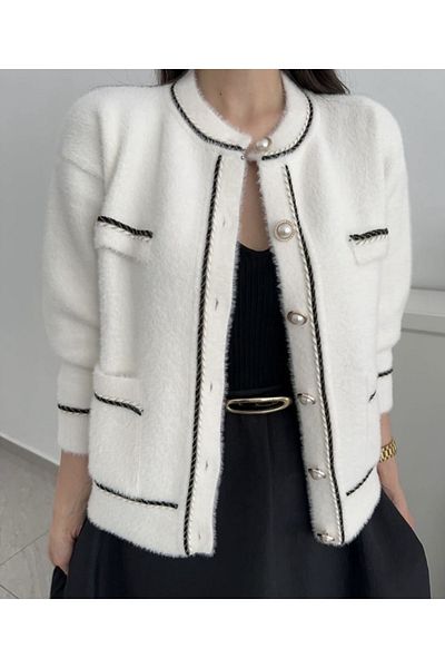 NATUFIAN STORE Baby Collar Pearl Buttoned Double Pocket Women's Knitwear Cardigan