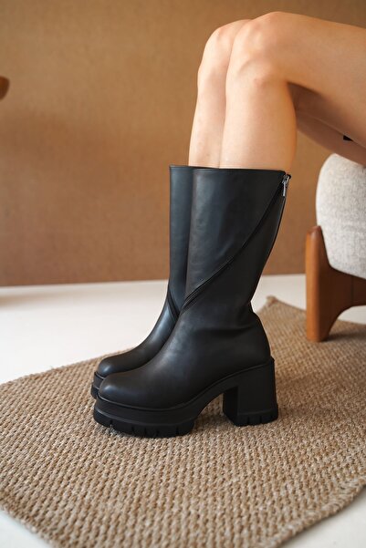 MODAADAM Cizme de damă cu toc cu platformă Michel - piele neagră