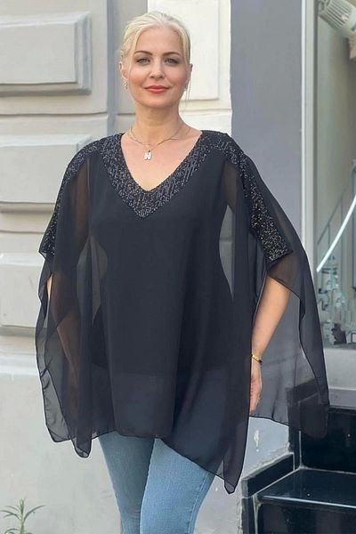 aytemas Sequined Chiffon Cape Blouse - Collar and Shoulders Detailed