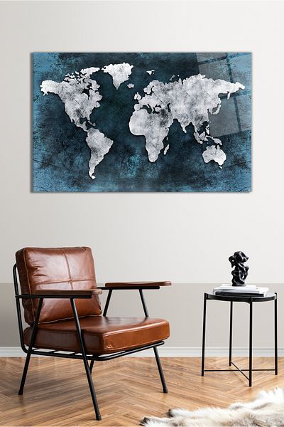 Vosevu Pictură abstractă învechită pe sticlă cu hartă a lumii fără detalii, decor modern pentru biroul de acasă, decorare de perete cadou