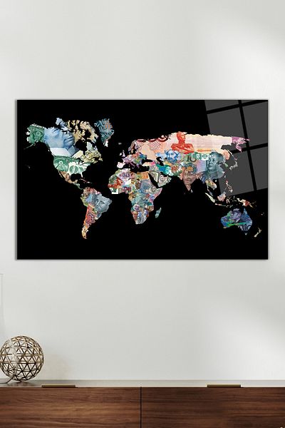 Vosevu Money Patterned Map Glass Painting, Modern Home and Office Decor, Gift Wall Decoration, Shatterproof Glass