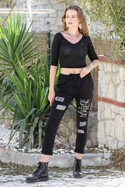 della moor Women's Black Italian Sequined Letter Pants