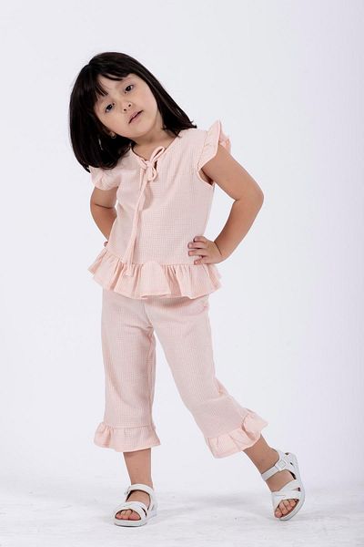 zepkids Powder Colored Crew Neck Waffel Pacifier Frilled Double Suit for Girls