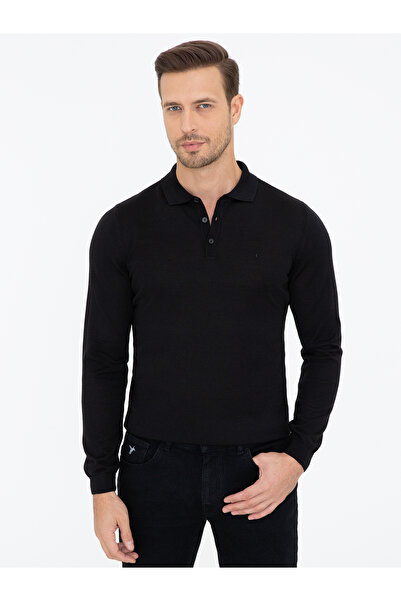 Cacharel Black Slim Fit Polo Neck Basic Knitwear Sweater 50237054-Vr046