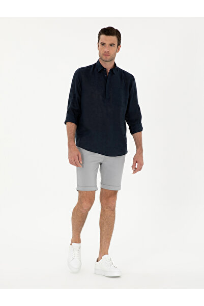 Cacharel Lacivert Slim Fit Yarım Düğmeli %100 Keten Gömlek 50288732-VR033