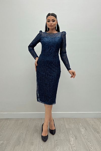 giyimmasalı Glittery Tulle Fabric Round Collar Pencil Dress - NAVY BLUE