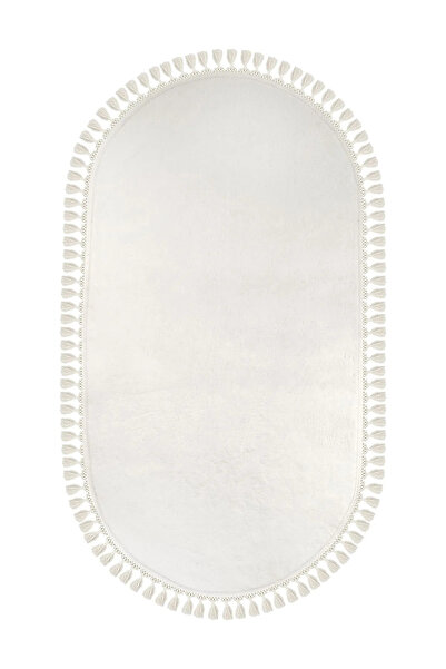 LİNOS HOME Puffy Beyaz Oval Saçaklı Peluş Halı  Yolluk Koridor Halısı Yıkanab...