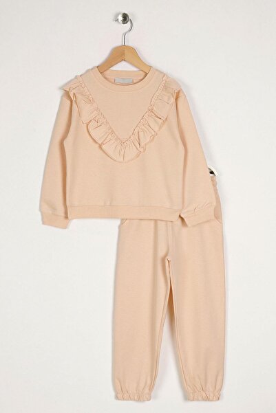 zepkids Bisiklet Yaka Uzun Kol Fırfır Detaylı Bej Renk Kız Çocuk Ikılı Takım