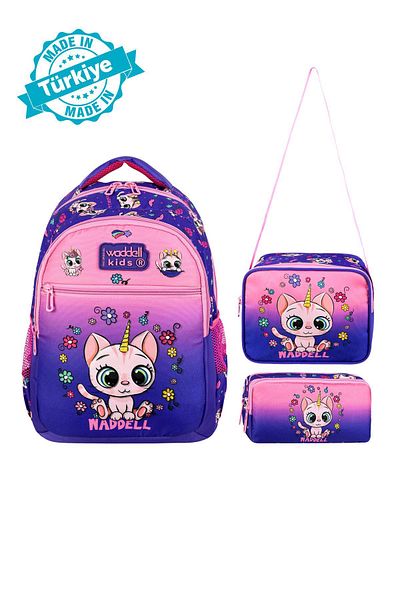 Waddell Licensed Purple-Pink Cat Patterned School Backpack for Girls, Lunchbag and Pen Holder