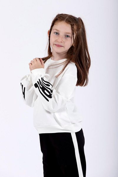 zepkids Crew Neck Long Sleeve Sleeves Happy Girl Printed Ecru Color Girl's Two-Piece Set