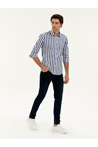 Cacharel Lacivert Slim Fit Pamuk Karışımlı Çizgili Gömlek 50285448-VR033