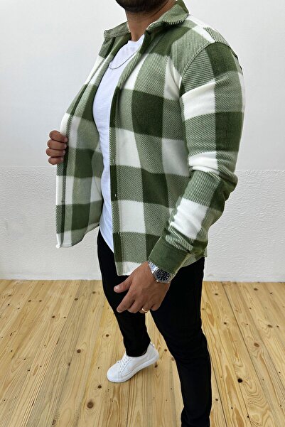 VİP LOKAL Kalın Kışlık Haki Ekose Polar Gömlek