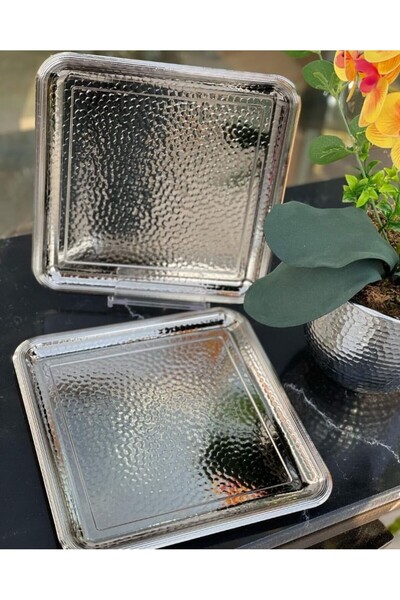 urfakent bilişim ve medya danışmanlık Dövme Desenli Tek Kişilik Kahve Sunumluk (6 Adet) Metal Damat Söz Tepsisi Gümüş