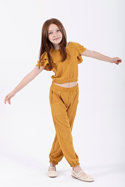 zepkids Mustard Colored Girl's Crew Neck Elastic Double Set