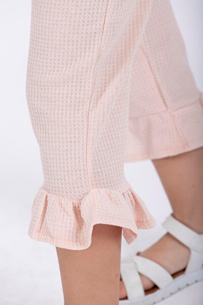 zepkids Powder Colored Crew Neck Waffel Pacifier Frilled Double Suit for Girls