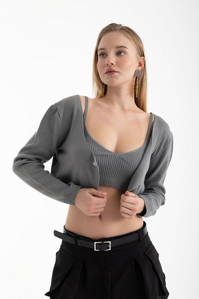 Hiccup 2 Pieces: Round Neck Knitted Buttoned Cropped Cardigan & Sleeveless Crop Top