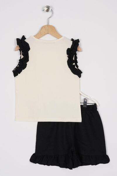 zepkids Crew Neck Zero Sleeve Ruffle Shorts Ecru Black Color Girls' Double Suit