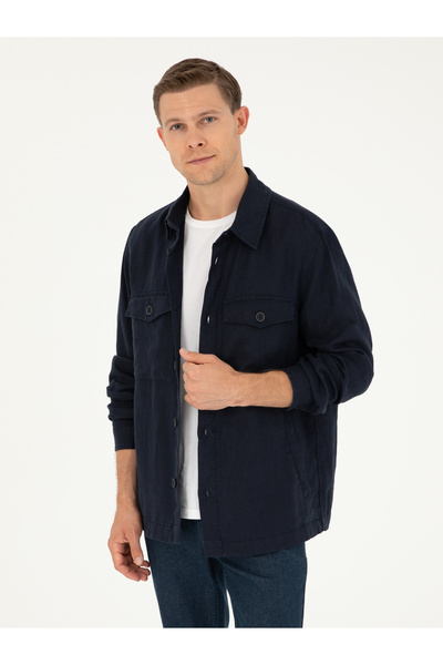Cacharel Lacivert Regular Fit %100 Keten Gömlek Ceket 50288521-VR033