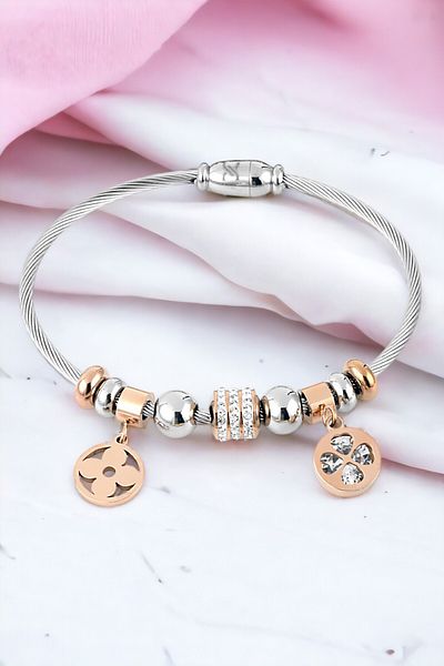 Daniel Klein Rose Colored 100% Stainless Steel Women's Bracelet - Handcuffs Model DKKBLK2002C3