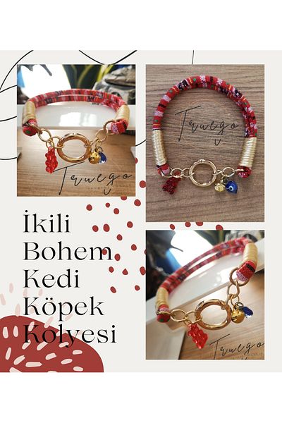 Truego Double Cat Dog Collar Bohemian Cat Necklace Spring Lock - Red