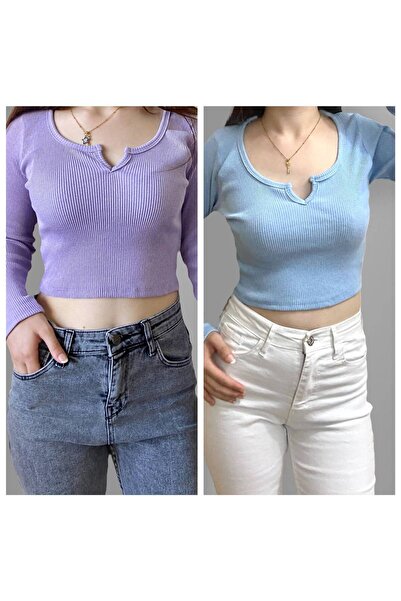 Lorya Giyim 2Li Paket %100 Pamuklu Fitilli Kaşkorse V Yaka Crop Basıc  Bluz
