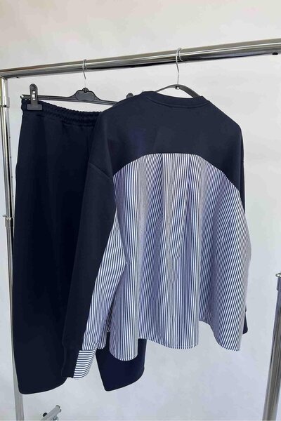 ELVAN TOLON طقم بدلة رياضية بتفاصيل قميص أزرق داكن