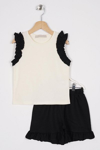 zepkids Crew Neck Zero Sleeve Ruffle Shorts Ecru Black Color Girls' Double Suit