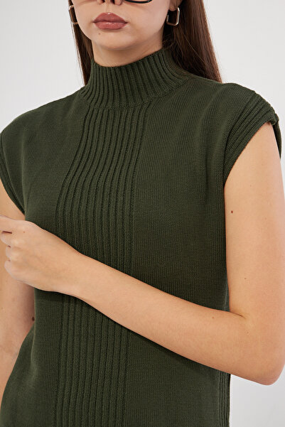 Kutaf Khaki Long Slit Detailed Soft Textured Knitwear Sweater