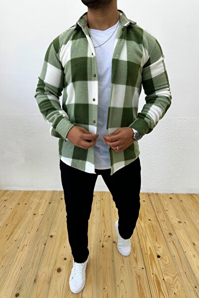 VİP LOKAL Kalın Kışlık Haki Ekose Polar Gömlek