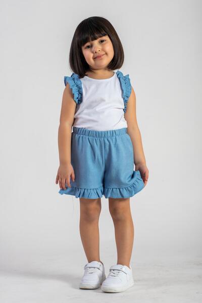 zepkids Crew Neck Zero Sleeve Ruffle Shorts White Blue Color Girls Double Set