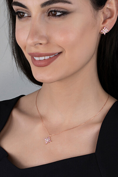 Else Silver Pembe Markiz Taşlı Gümüş Umut Çiçeği Kolye Ve Küpe Kombin