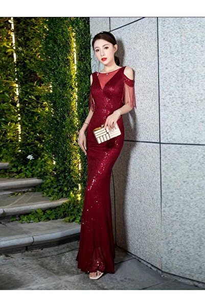 MODAS ŞIK DAR KESİM OMUZLARI AÇIK PUL PAYET ABİYE ELBİSE