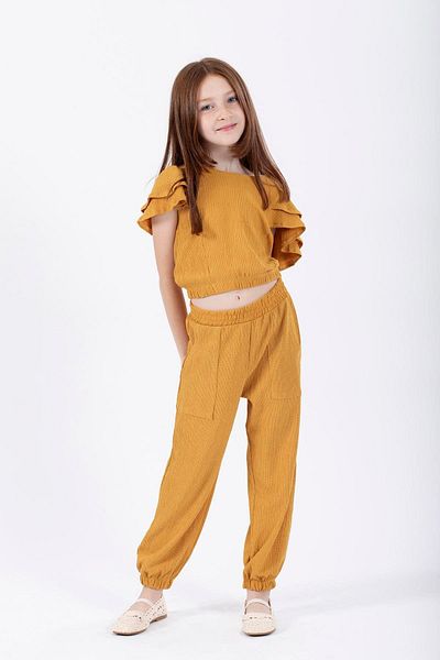 zepkids Mustard Colored Girl's Crew Neck Elastic Double Set