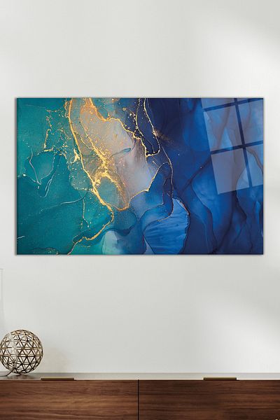 Vosevu Pictură abstractă pe sticlă cu detaliu de aur albastru, decor modern pentru biroul de acasă, decorare de perete cadou, sticlă rezistentă la spargere