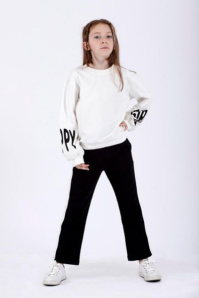 zepkids Crew Neck Long Sleeve Sleeves Happy Girl Printed Ecru Color Girl's Two-Piece Set