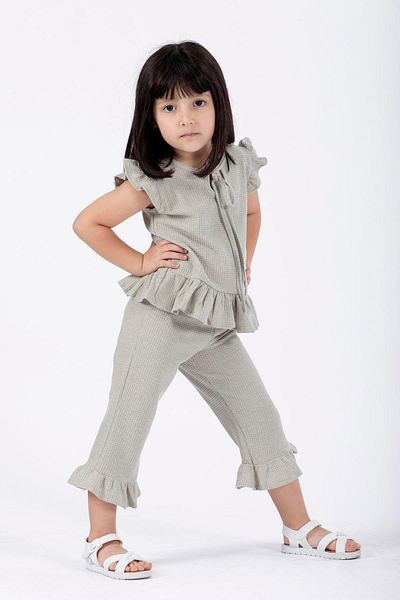 zepkids Crew Neck Short Sleeve Waffel Paca Frilly Double Suit Cagla Green Color Girl's Double Suit