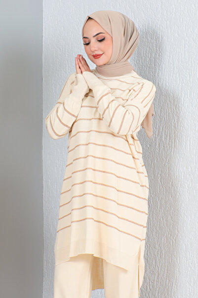 MODAQU Σετ πλεκτό τουνίκ και παντελόνι σε πέτρινο χρώμα Glittery ριγέ