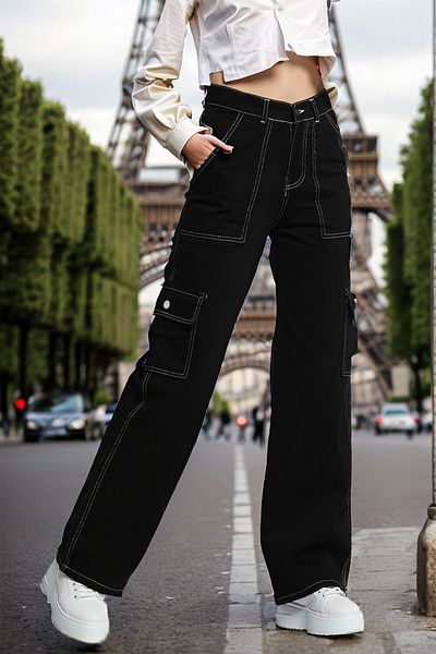 Joui Co Girl - Oversize 100% Cotton Jeans with Cargo Pocket and Stitching Detail
