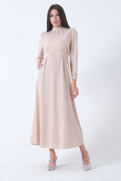 Feminist Belted Hijab Dress with Stone Accessories - Collar and Ankle Detail, Stone 4673007