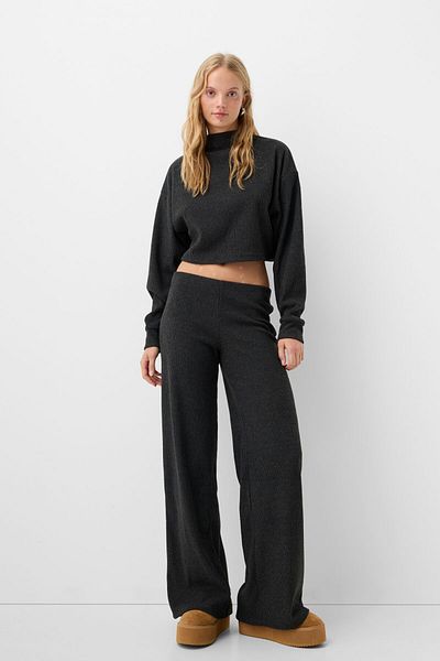 Bershka Wide-leg ribbed soft touch trousers
