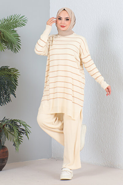 MODAQU Σετ πλεκτό τουνίκ και παντελόνι σε πέτρινο χρώμα Glittery ριγέ