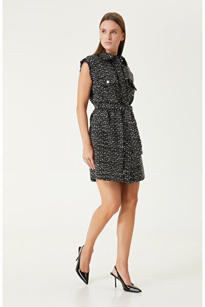 Network Siyah Beyaz Tweed Desenli Mini Elbise