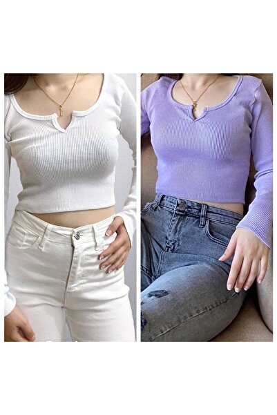 Lorya Giyim 2'li paket  %100 Pamuklu Kadın Fitilli Kaşkorse V Yaka Crop  Bluz