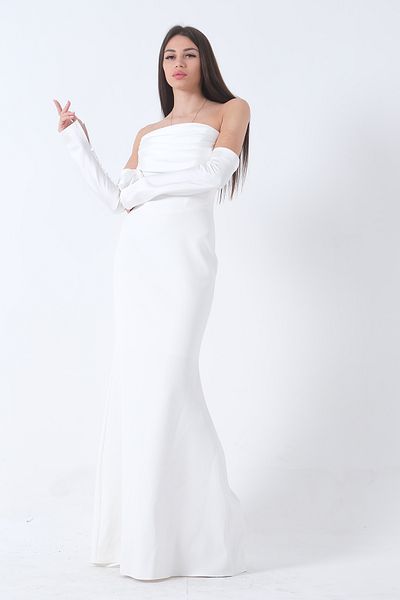 Feminist White Draped Long Evening Dress - Button Detailed 9705361