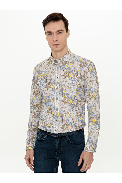 Cacharel Açık Kahverengi Keten Karışımlı Slim Fit Uzun Kollu Gömlek 50247591-VR002