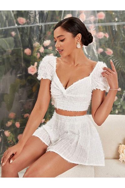 FASHION COCKTAIL White Crop Shorts Set - Shiny Embossed, Square Feather, Fluffy, Short Sleeve Tie