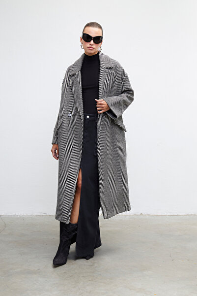 VATKALI Dvouřadý vlněný kabát se vzorem rybí kosti