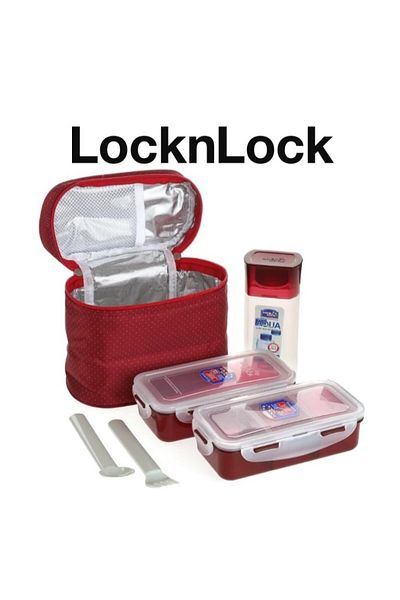 locknlock مجموعة من 3 حقائب غداء معزولة باللون الأحمر، حاويات محكمة الغلق وخالية من مادة BPA مع زجاجة مياه