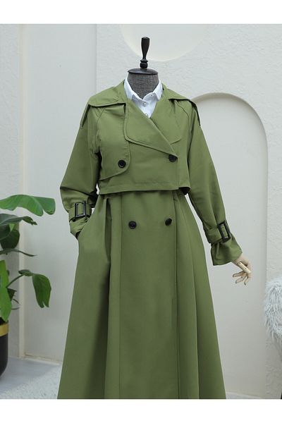 Modamorfo Khaki Color Pleated Skirt and Belt Bolero Trench Coat