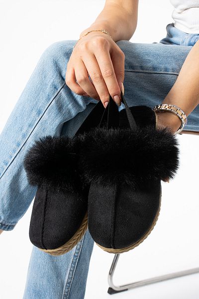 Moda Devrin Black Furry Elastic Slippers Home and Outdoor Slippers